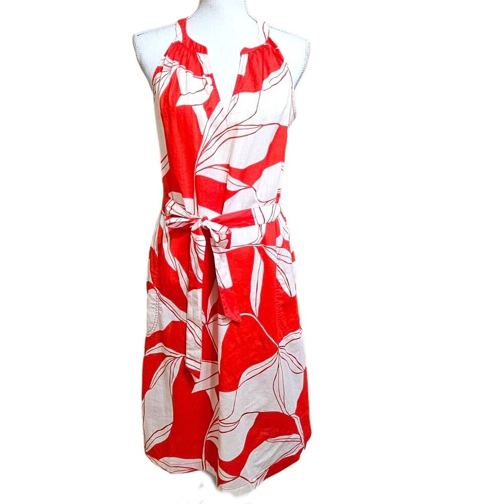 A New Day Dress Size M Halter Neck Tie Waist Pockets Red/White Floral New